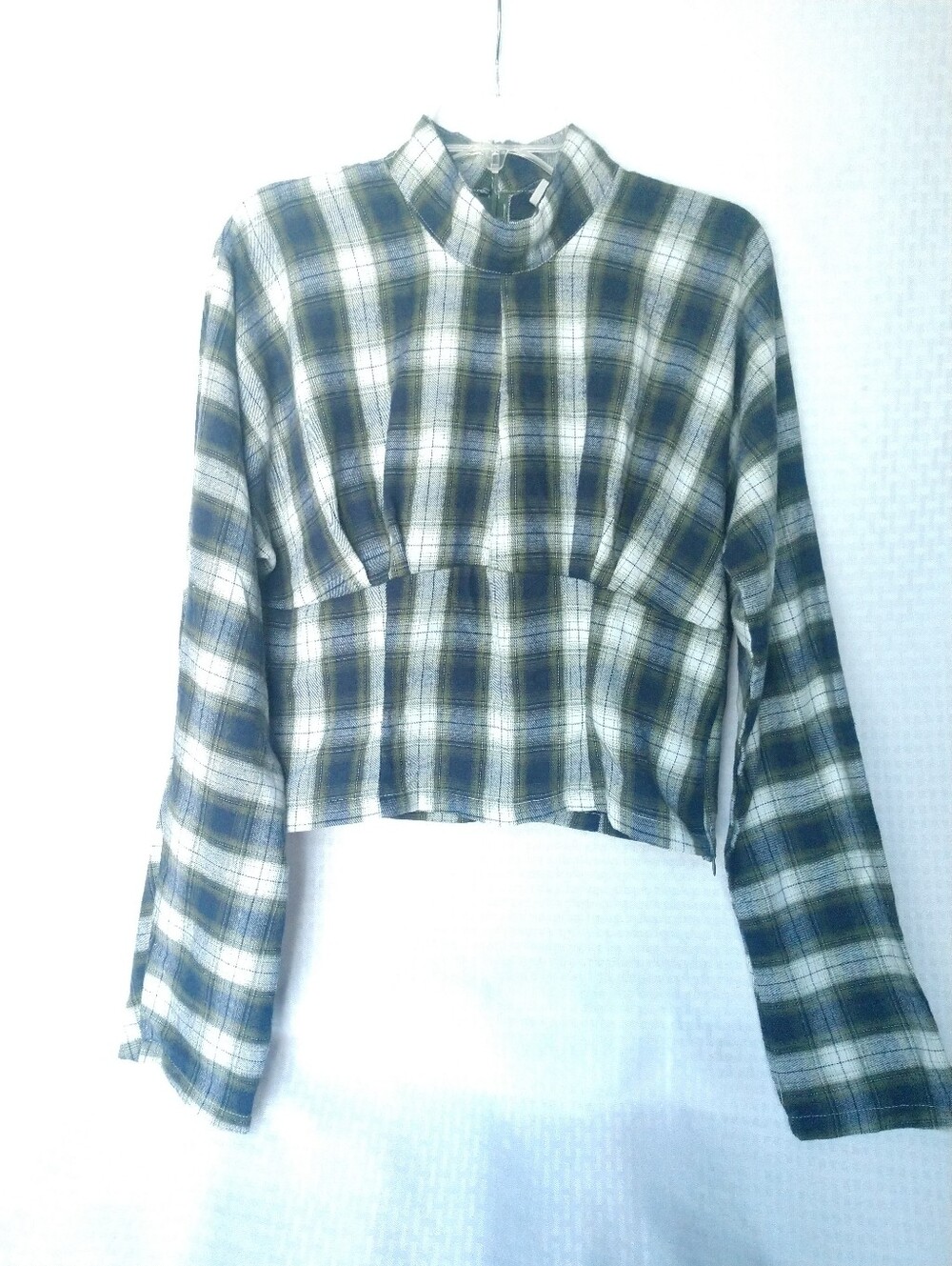 Women's Flannel Shirt CROP CROPPED Musera Blue Green Plaid Mock Neck Size XL
